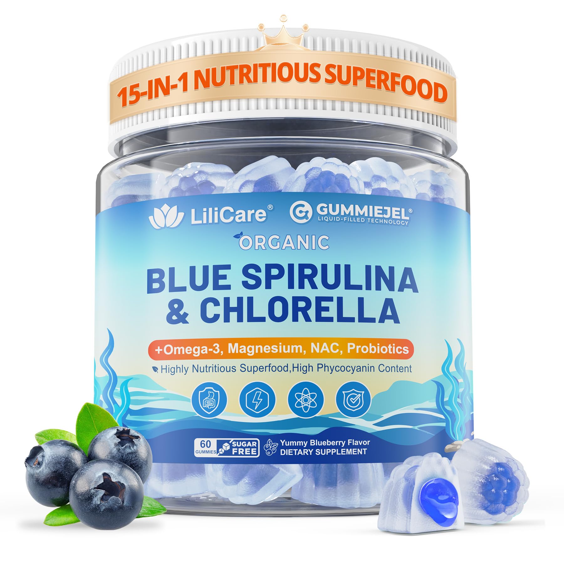 LILICARE Organic Blue Spirulina Chlorella Gummies bottle front, vegan energy support.