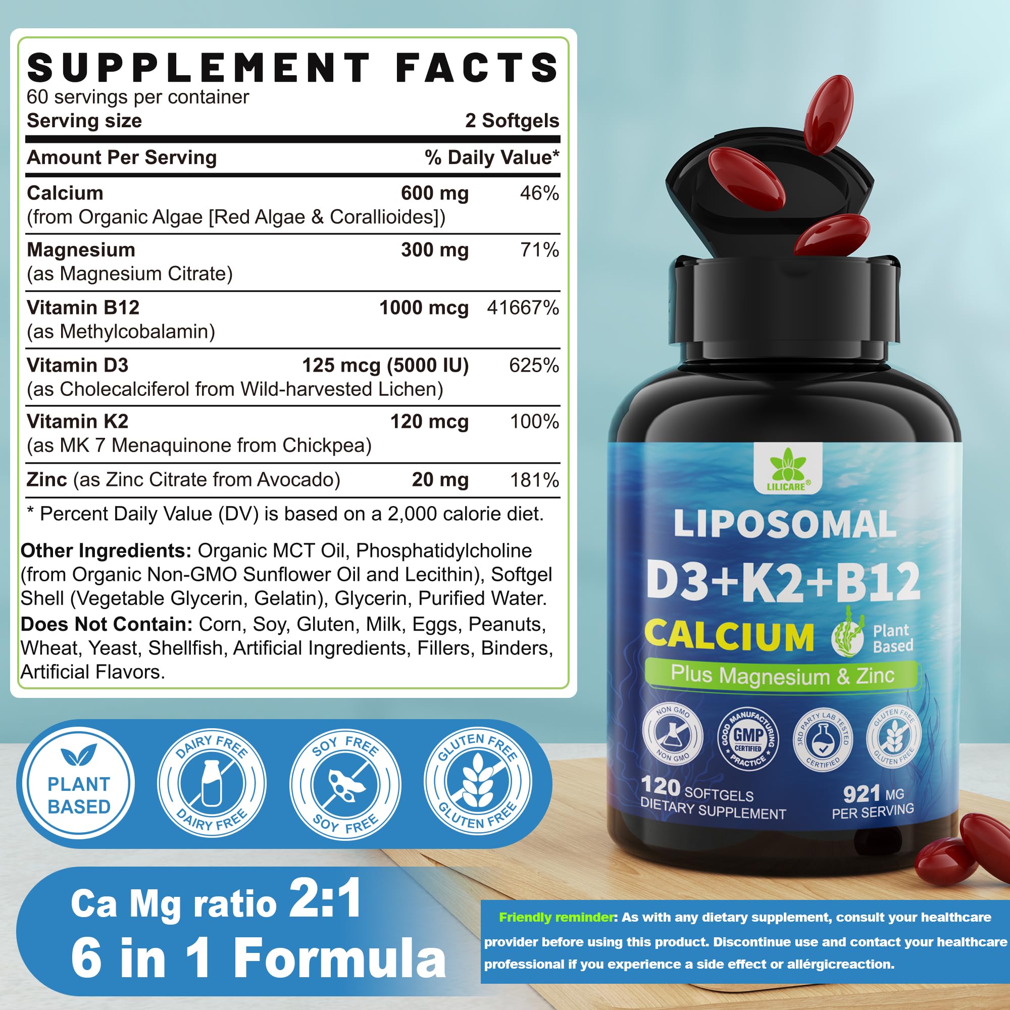LILICARE plant-based calcium 600mg softgel with vegan D3 and K2 for bone health