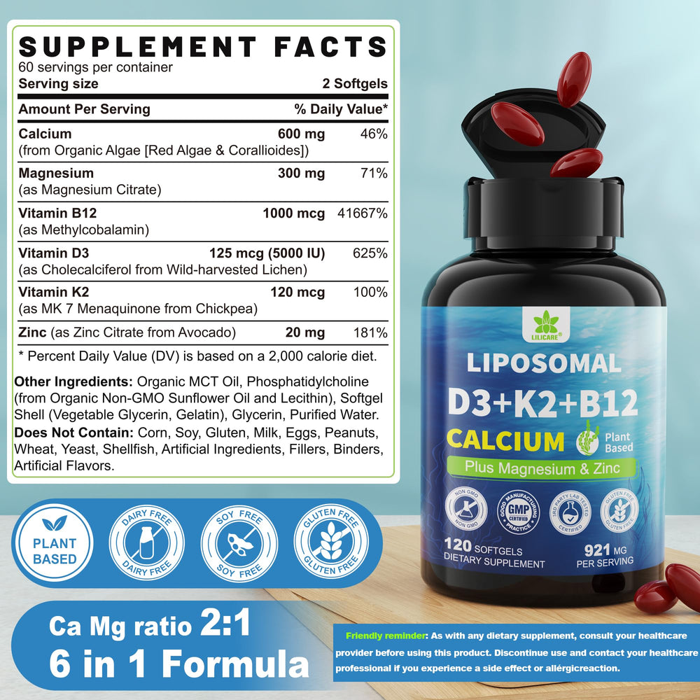 LILICARE plant-based calcium 600mg softgel with vegan D3 and K2 for bone health