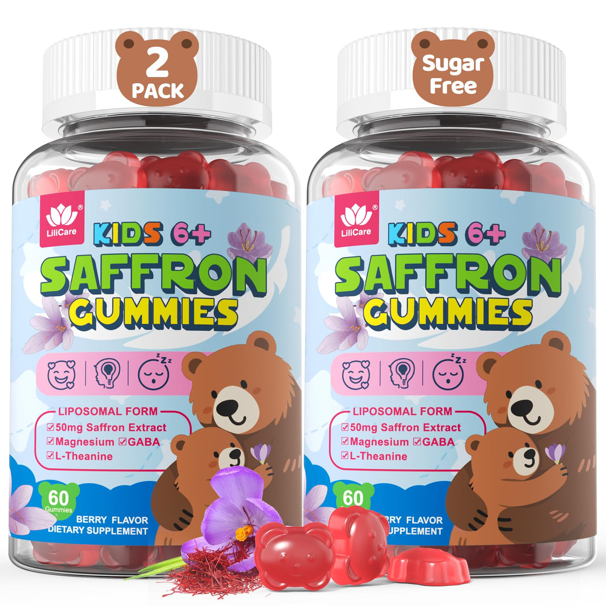 LILICARE saffron gummies bottle promotes kid-friendly mood balance and focus.
