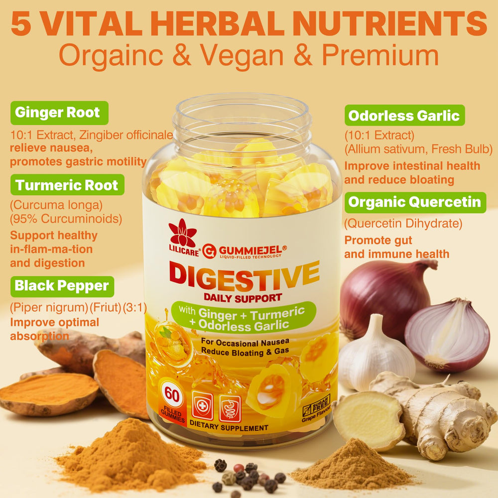 LILICARE Sugar-free Ginger Gummies bottle on counter for gentle digestion.