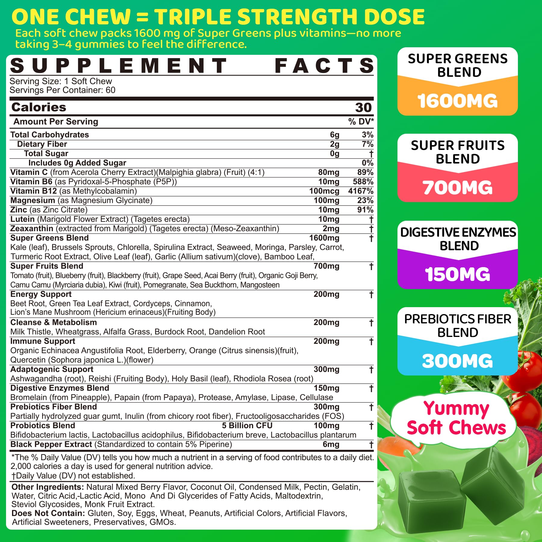 LILICARE Super Greens toffee-flavor chews close-up showing creamy texture
