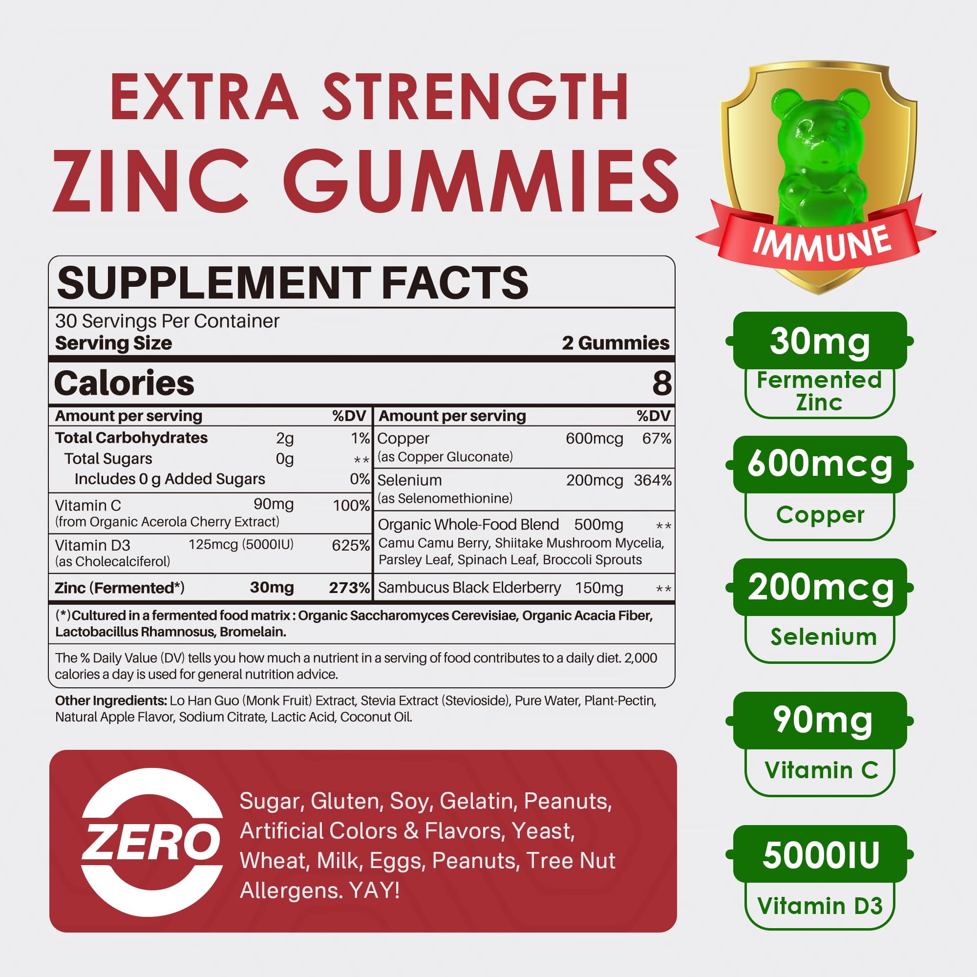LILICARE Zinc Gummies bottle back highlighting copper and vitamin C for immune support