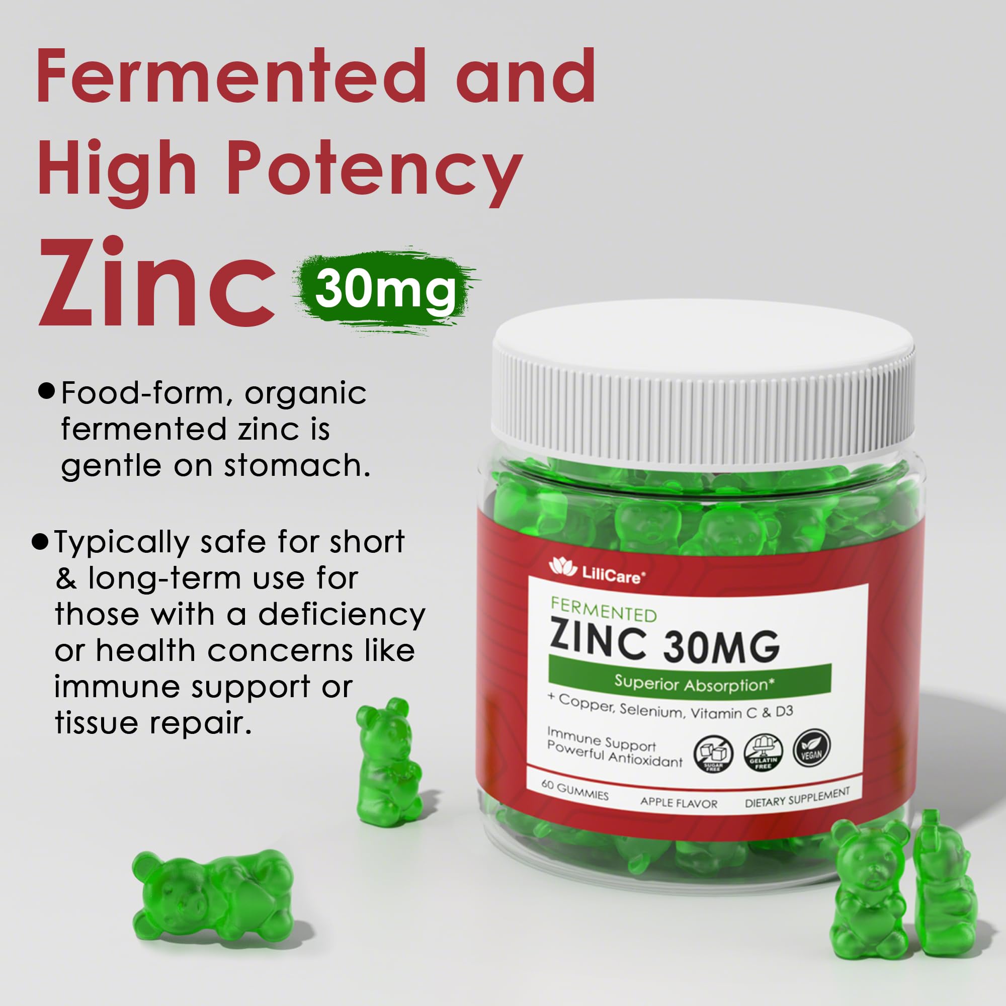 LILICARE Zinc Gummies close-up of an apple flavored gummy with zero sugar