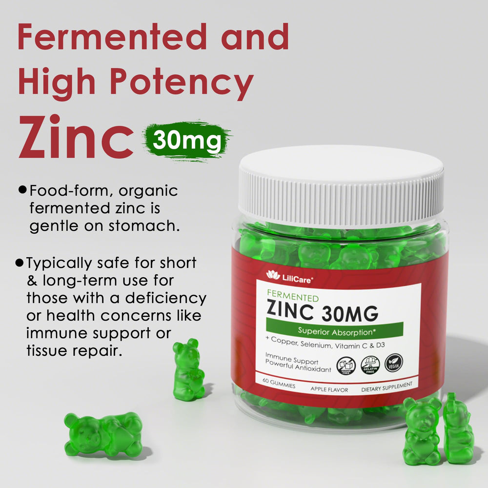 LILICARE Zinc Gummies close-up of an apple flavored gummy with zero sugar