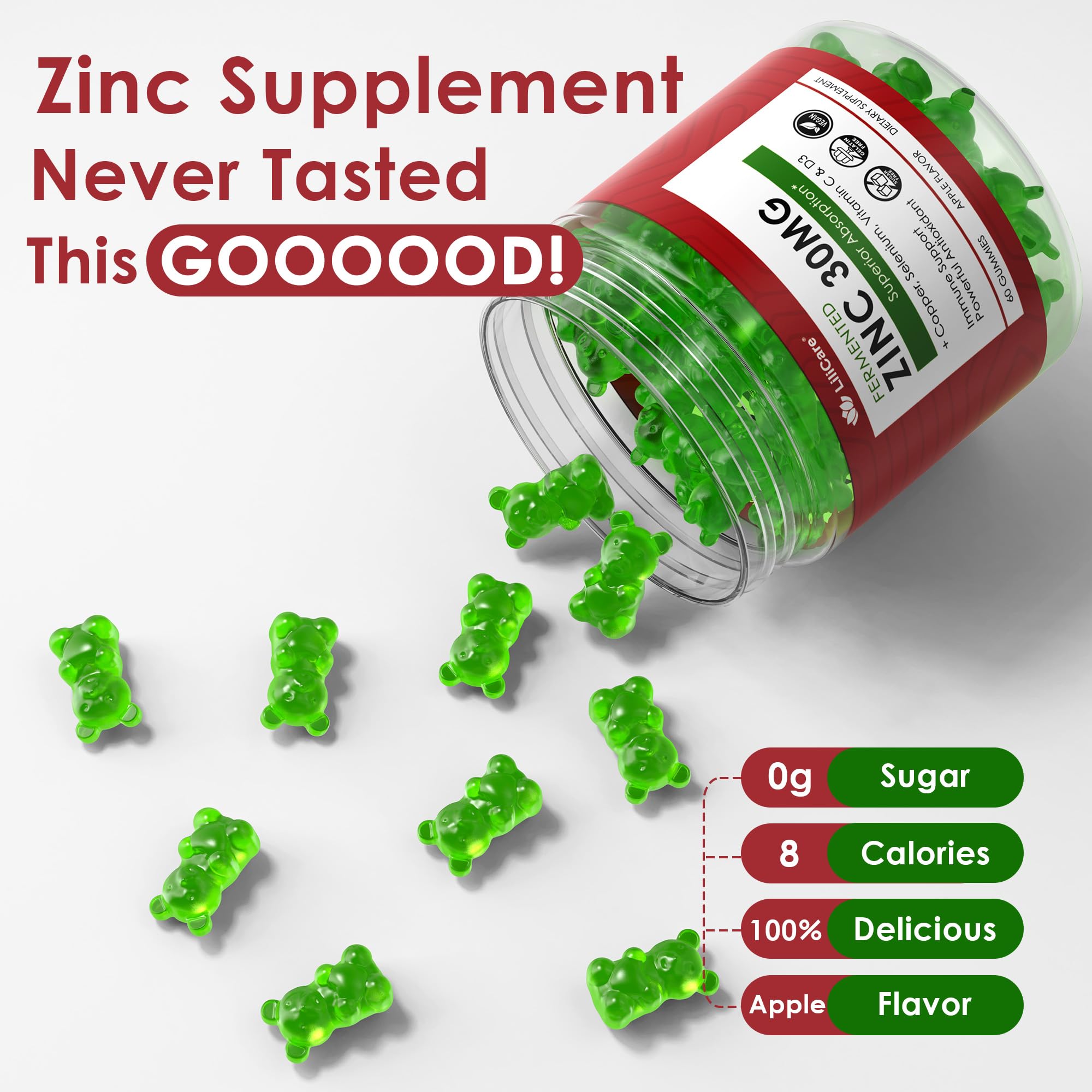 LILICARE Zinc Gummies sugar-free label with monk fruit sweetness