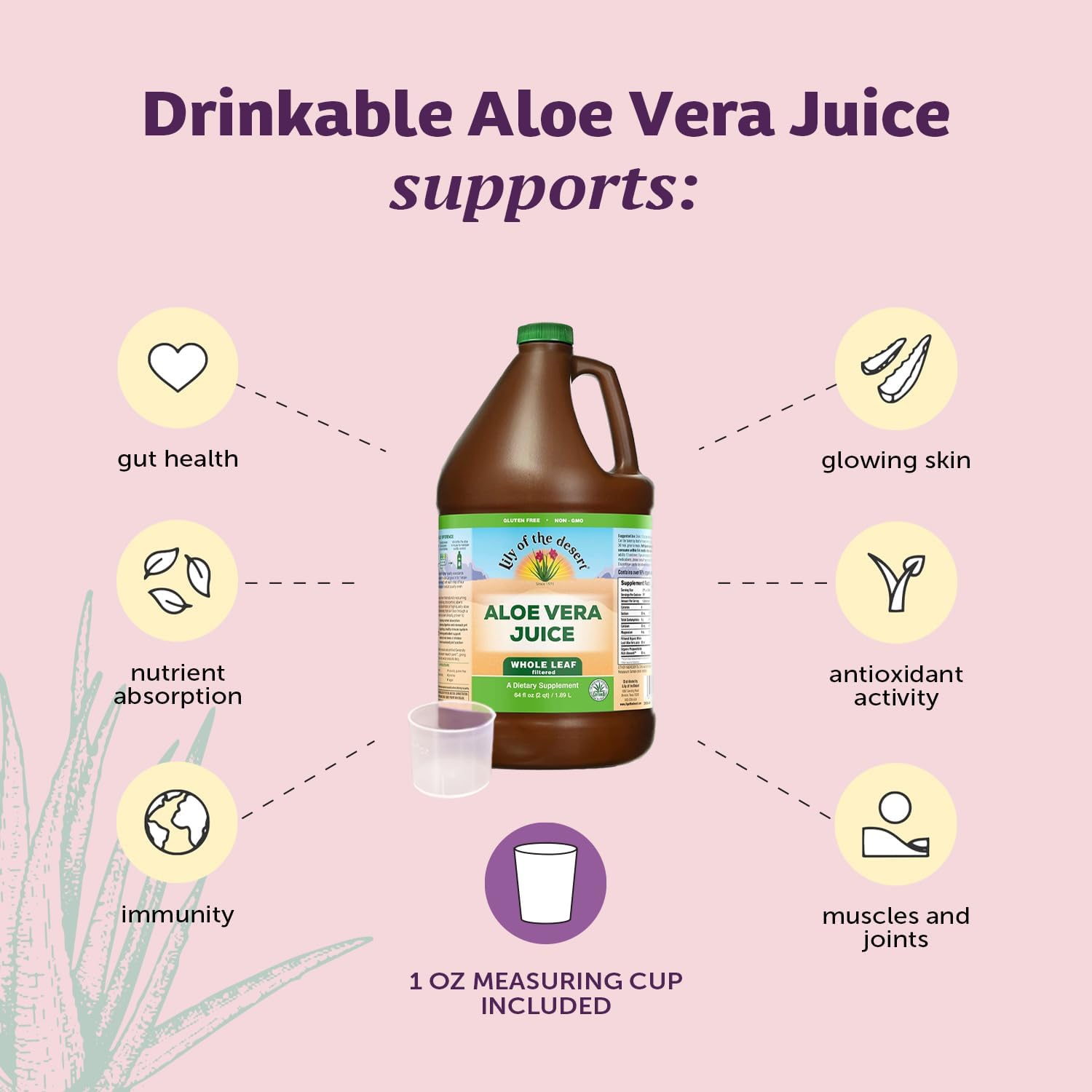 Lily Of The Desert Aloe Vera Juice image emphasizes Aloesorb for bio-active benefits.