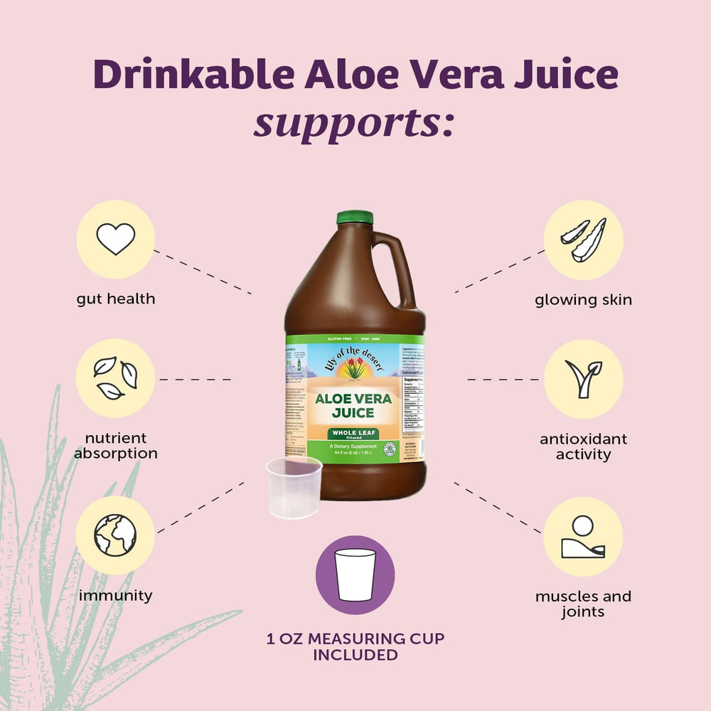 Lily Of The Desert Aloe Vera Juice image emphasizes Aloesorb for bio-active benefits.