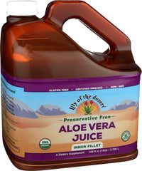 Lily of the Desert aloe juice bottle close-up highlights preservative-free wellness benefits.