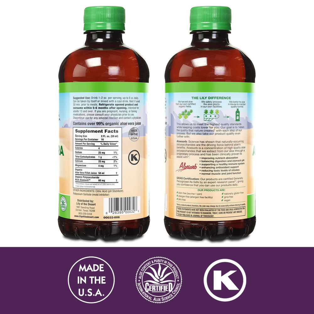 Lily Of The Desert Aloe Vera Juice bottle pour showing easy daily use.