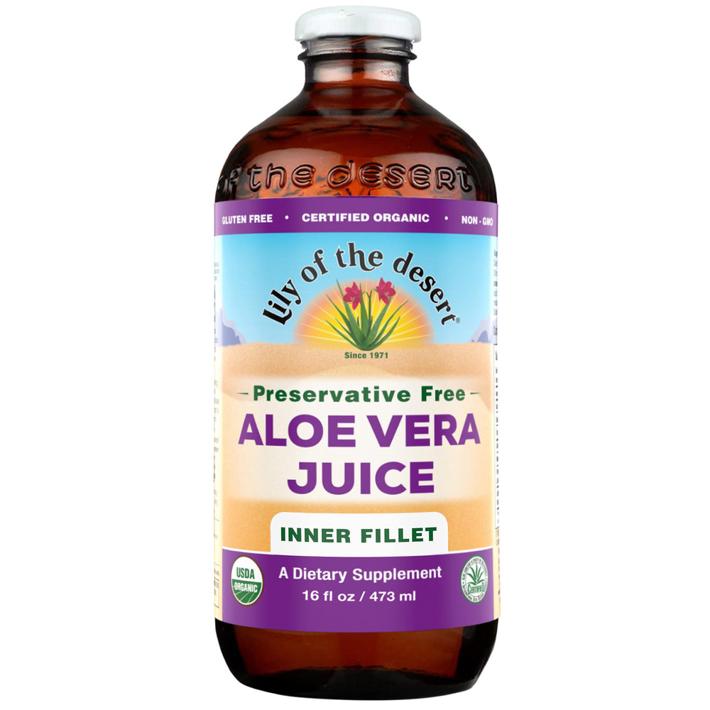 Lily Of The Desert Aloe Vera Juice bottle being poured for daily hydration