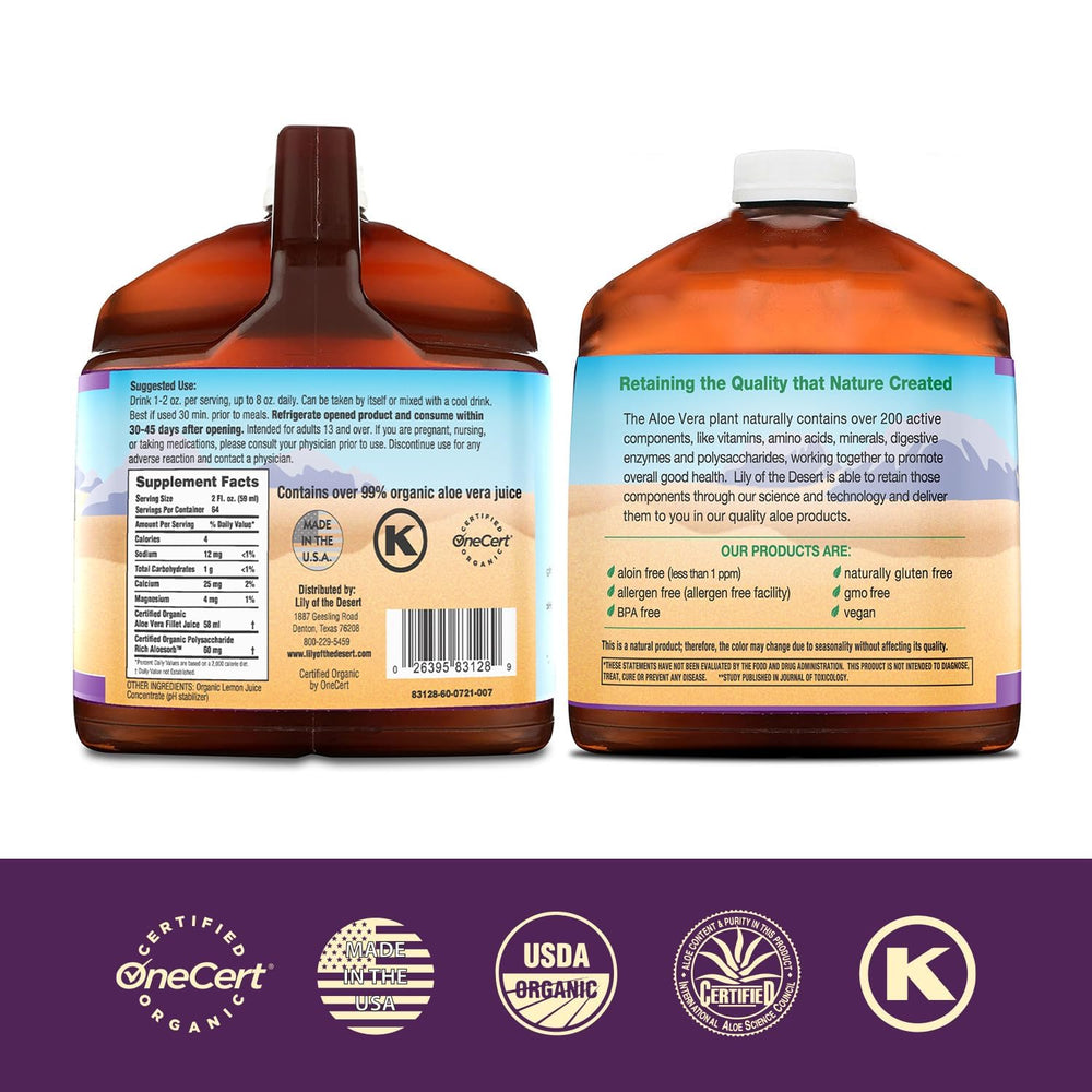 Lily of the Desert label close-up highlighting organic, preservative-free inner fillet.
