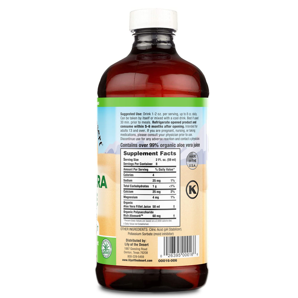 Lily Of The Desert Aloe Vera Juice label close-up showing purity and quality.