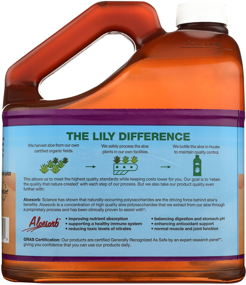 Lily of the Desert aloe juice label shows organic, non-GMO ingredients.