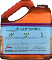 Lily of the Desert aloe juice label shows organic, non-GMO ingredients.