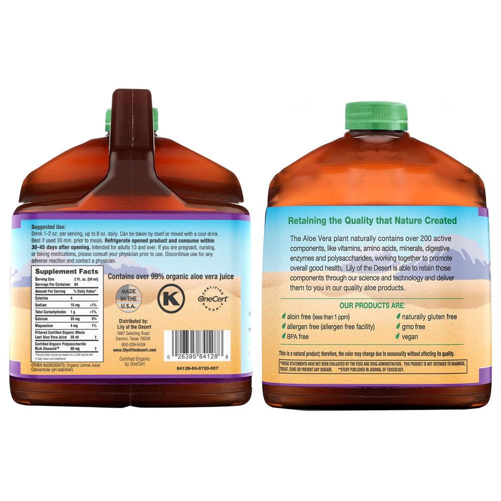 Pouring Lily of the Desert Aloe Vera juice, convenient serving size option.