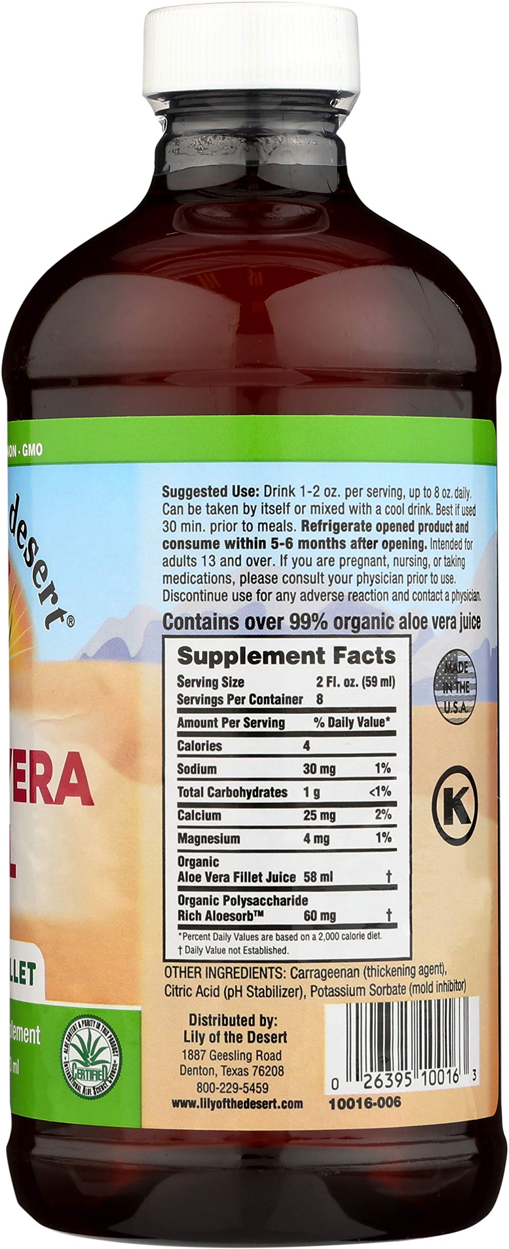 Lily Of The Desert Aloe Vera Gel label closeup for immune support