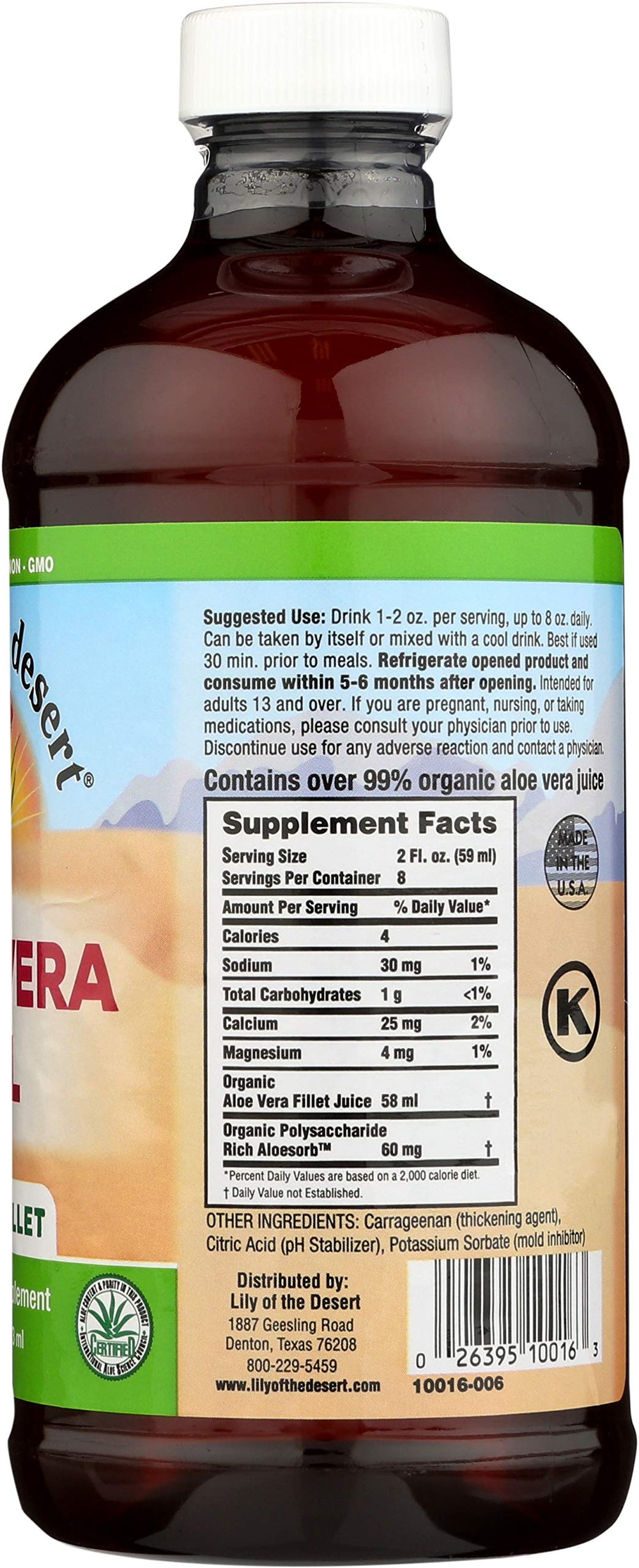 Lily Of The Desert Aloe Vera Gel label closeup for immune support