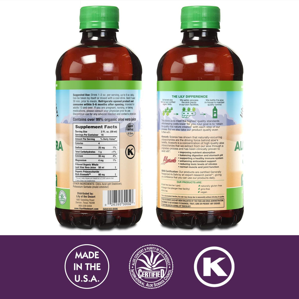 Lily Of The Desert aloe vera supplement bottle pour shows easy daily dosing.