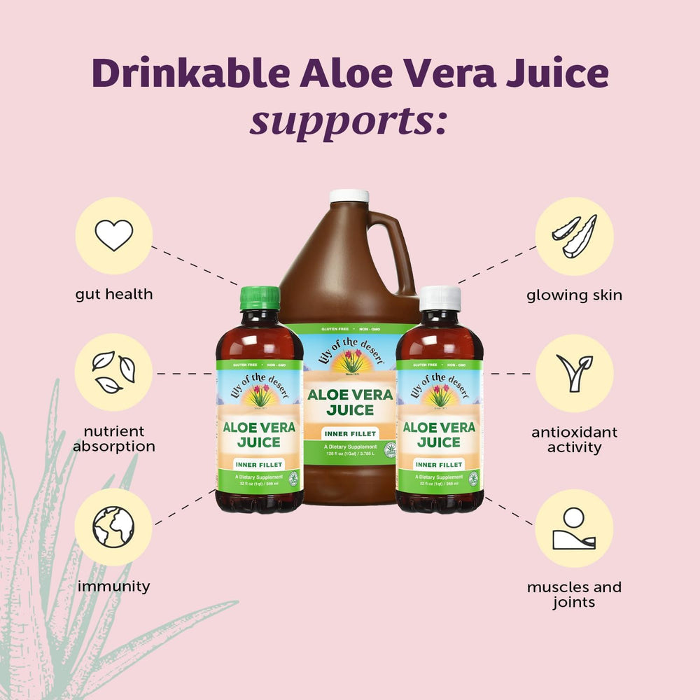 Lily of the Desert aloe vera juice pour into glass, smooth and refreshing