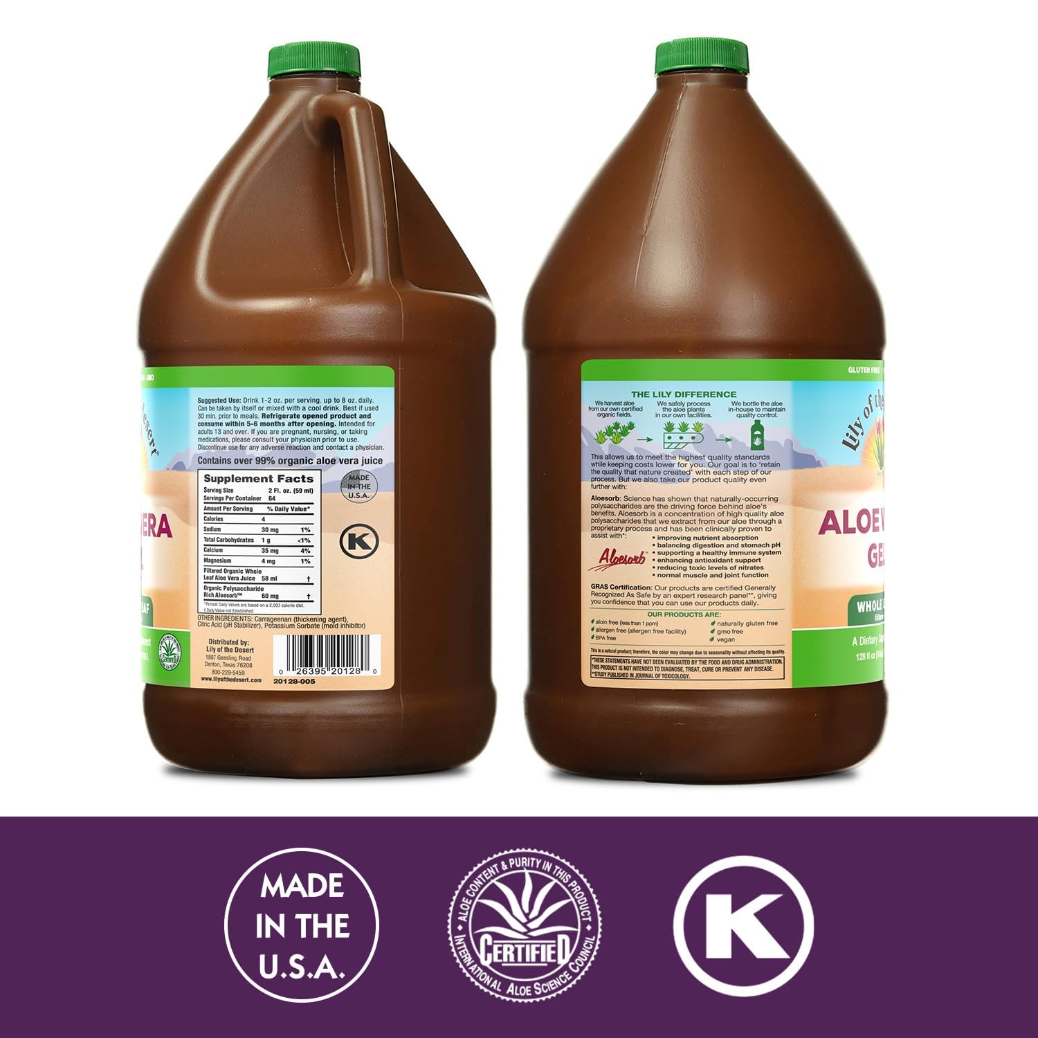 Lily Of The Desert bio-active Aloe Juice glass highlighting vitamins and enzymes for digestive wellness.