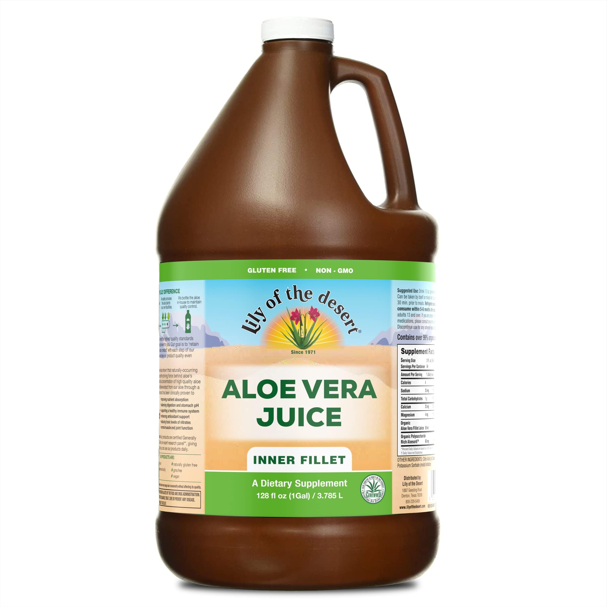 Lily of the Desert Aloe Vera juice bottle highlighting organic inner leaf and vitamins