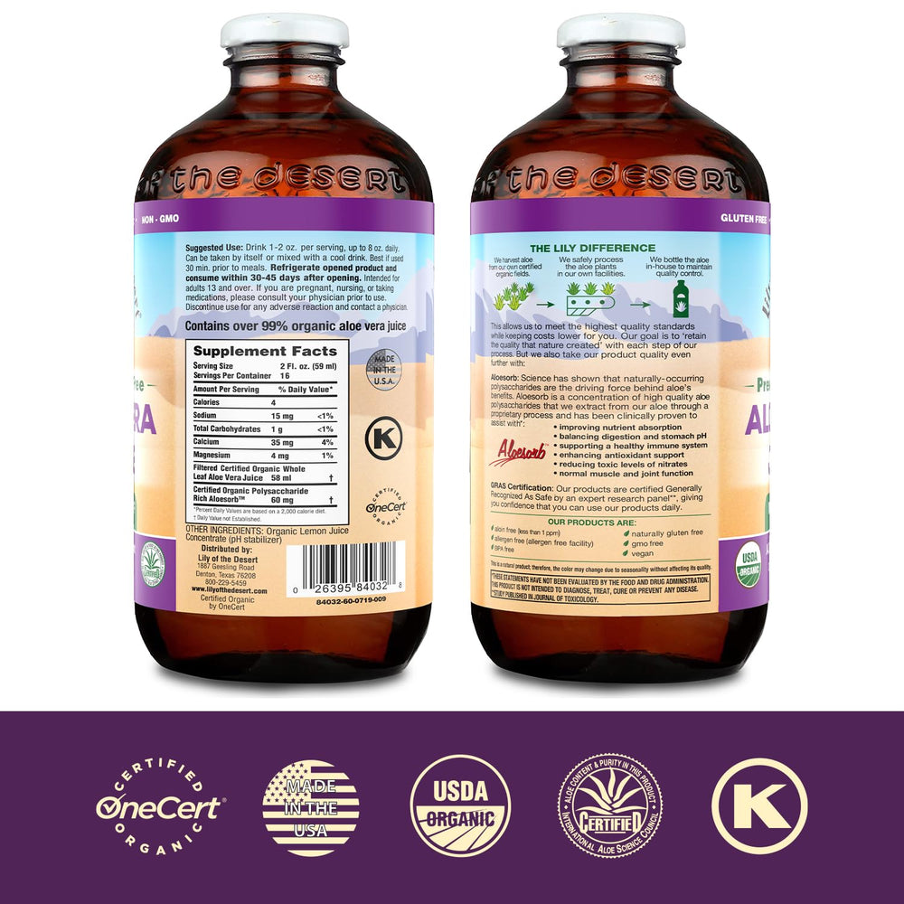 Lily Of The Desert label closeup highlights organic quality