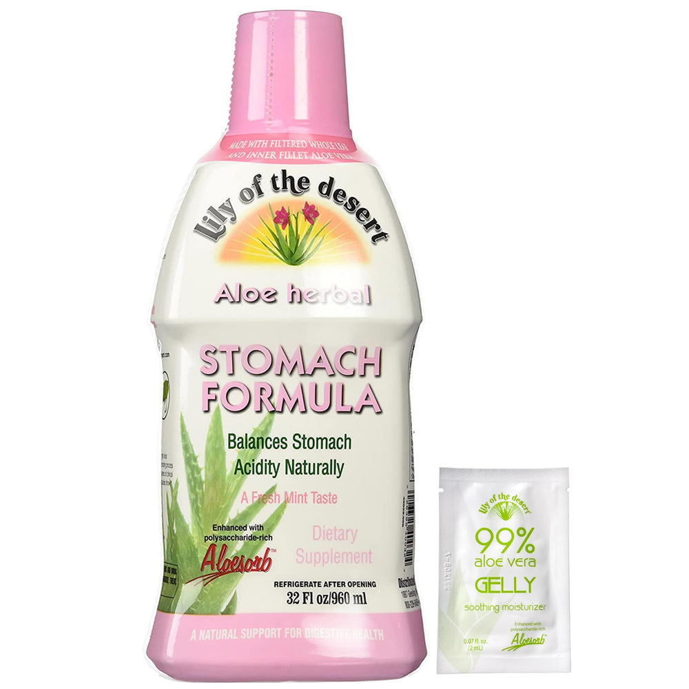 Lily of the Desert Stomach Formula bottle front view for natural digestive support.