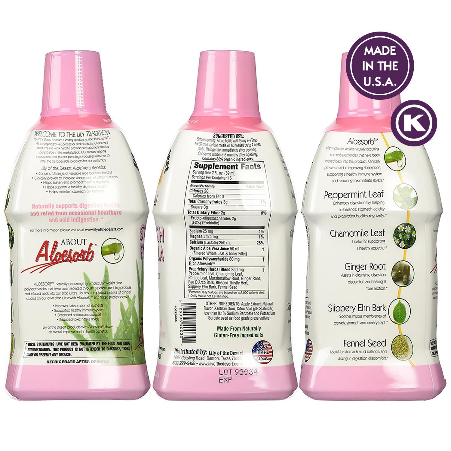 Lily of the Desert Stomach Formula bottle side label highlights wholesome ingredients.