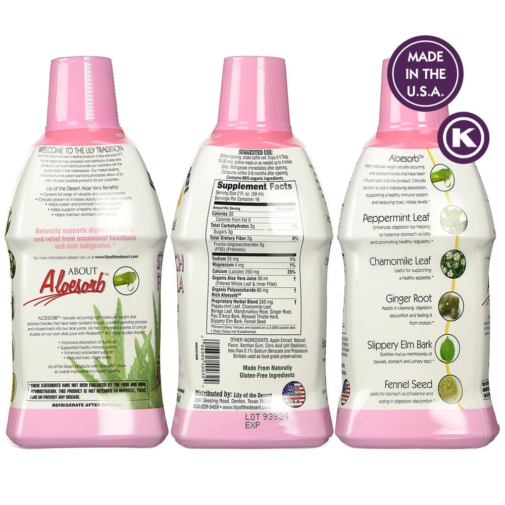 Lily of the Desert Stomach Formula bottle side label highlights wholesome ingredients.
