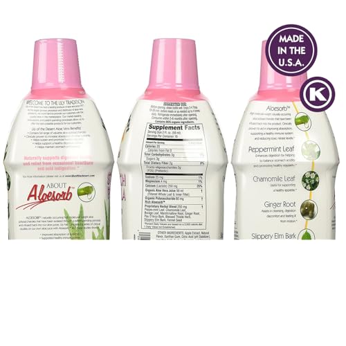 Packaged Lily of the Desert Aloe Vera Stomach Formula on a kitchen counter for easy daily use.
