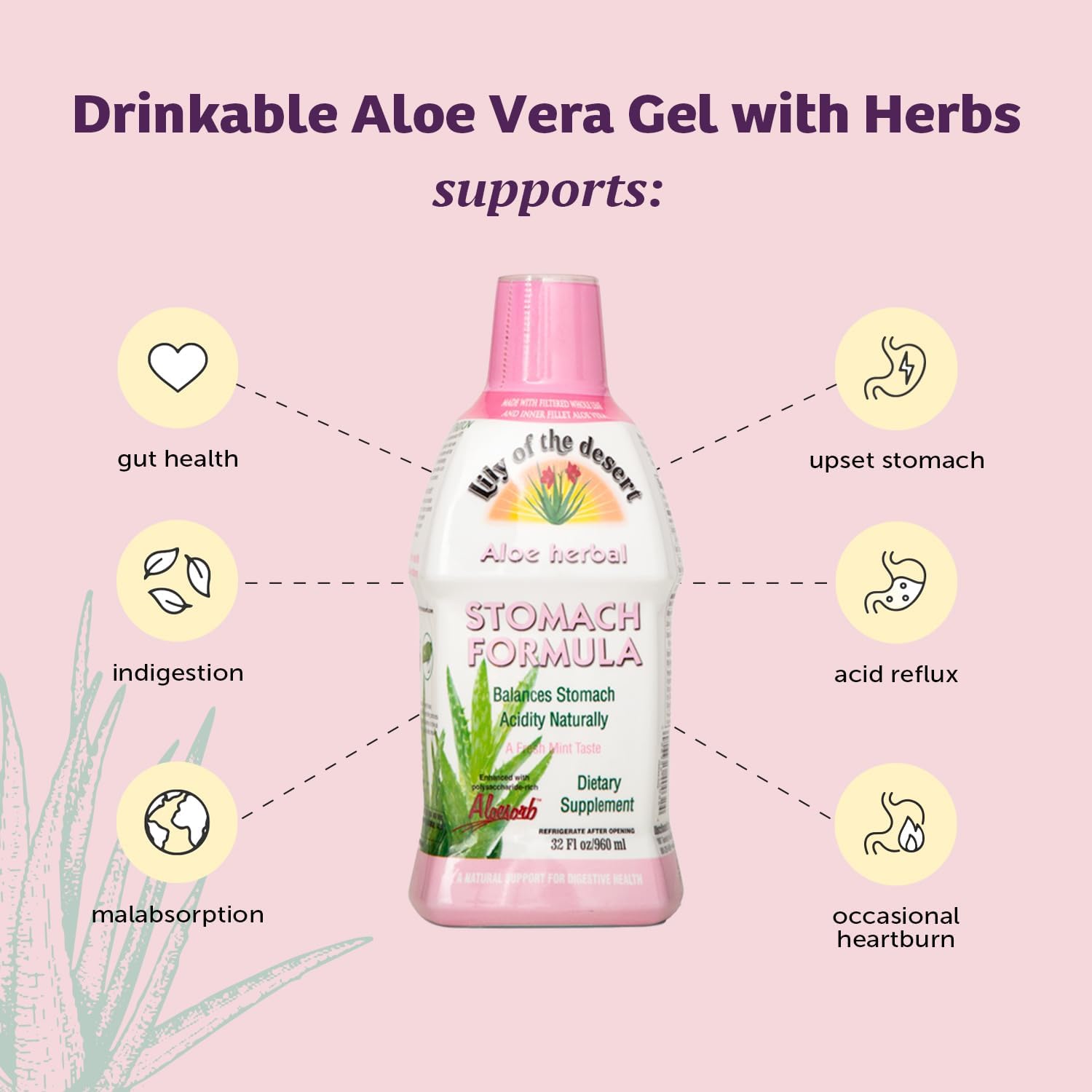 Pouring Lily of the Desert Stomach Formula into a glass for on-the-go comfort.