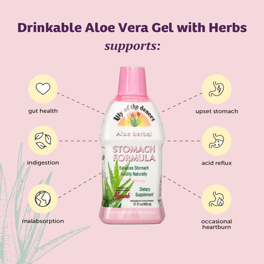 Pouring Lily of the Desert Stomach Formula into a glass for on-the-go comfort.