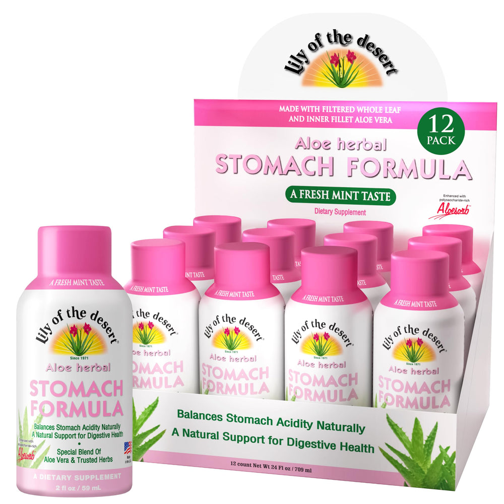 Lily Of The Desert stomach formula shot bottle pouring for on-the-go use.