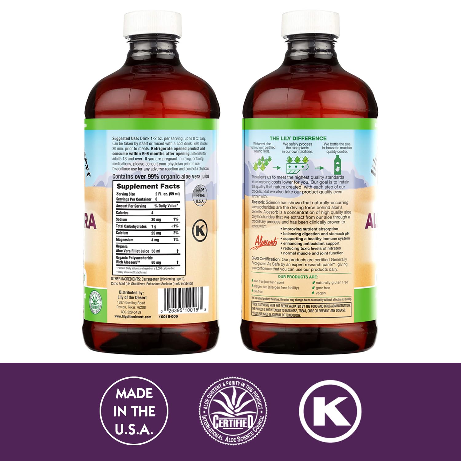 Lily of the Desert Aloesorb bio-active juice close-up highlighting polysaccharides