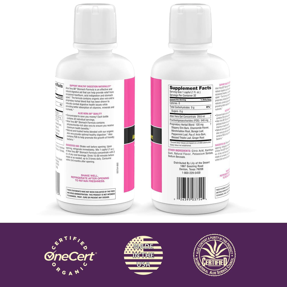 Lily of the Desert Stomach Formula pour shows pre-meal prep for gut comfort.