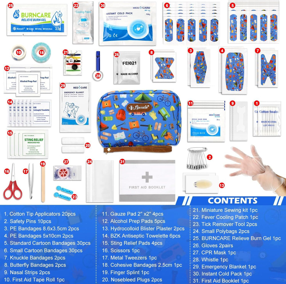 Lincada first aid items inside show comprehensive 143-piece selection for travel.