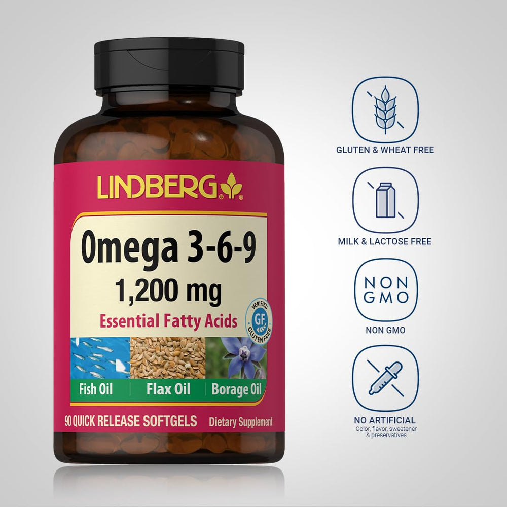 Lindberg Omega 3-6-9 bottle label showing non-GMO and gluten-free features