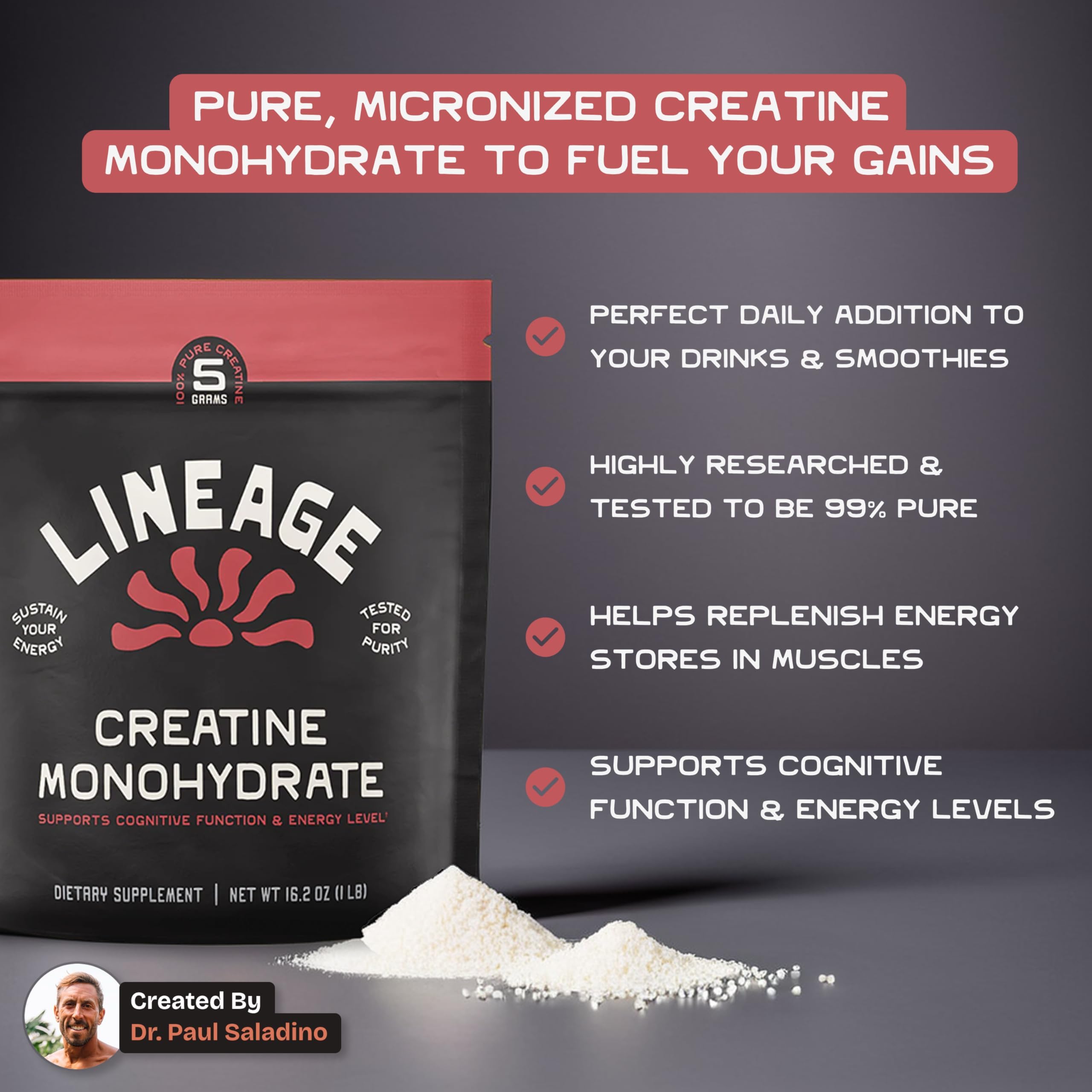 Lineage Provisions creatine scoop and jar for easy daily dosing