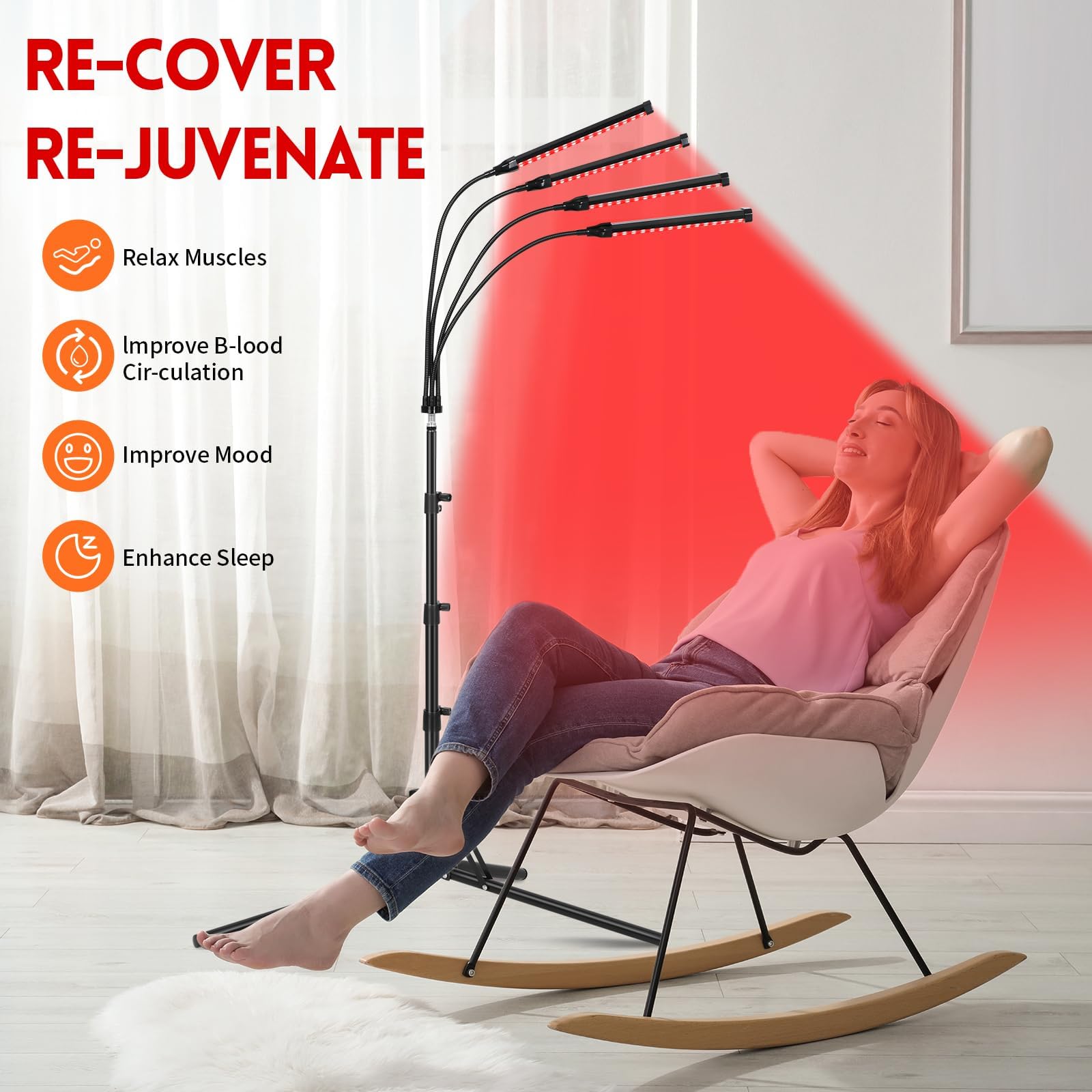 Linidcoud red light therapy lamp shows fully adjustable stand and 360-degree head range.