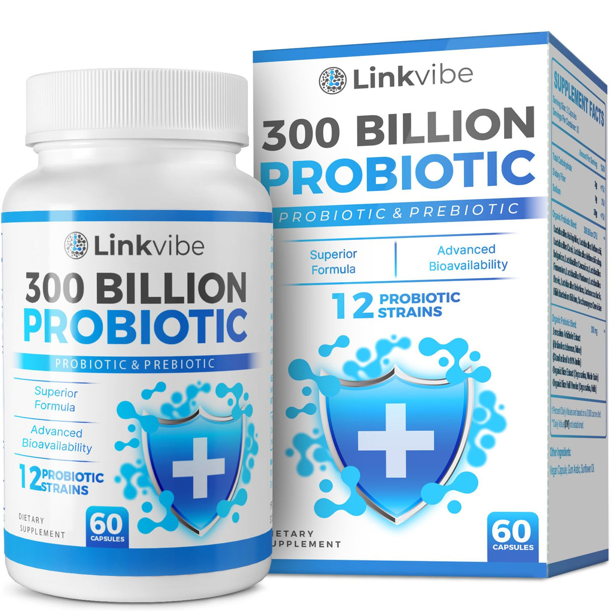 Linkvibe Probiotic 300B CFU bottle front view showing shelf-stable dairy-free formula