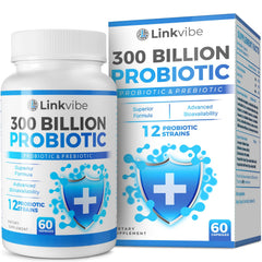 Linkvibe Probiotic 300B CFU bottle front view showing shelf-stable dairy-free formula
