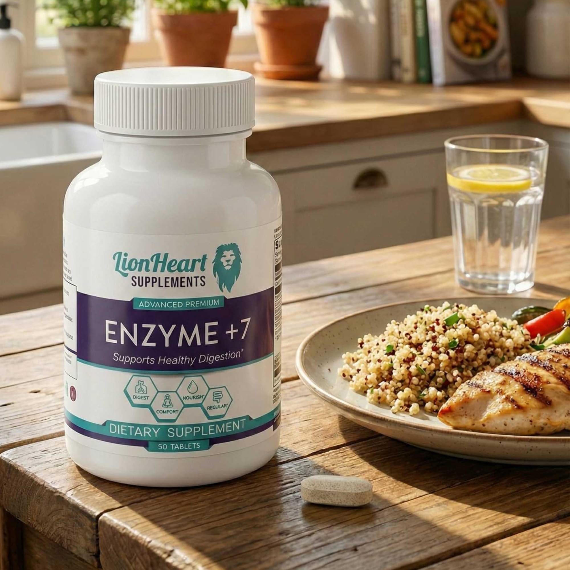 LionHeart Digestive Enzymes label detail highlighting ox bile salts for fat digestion.