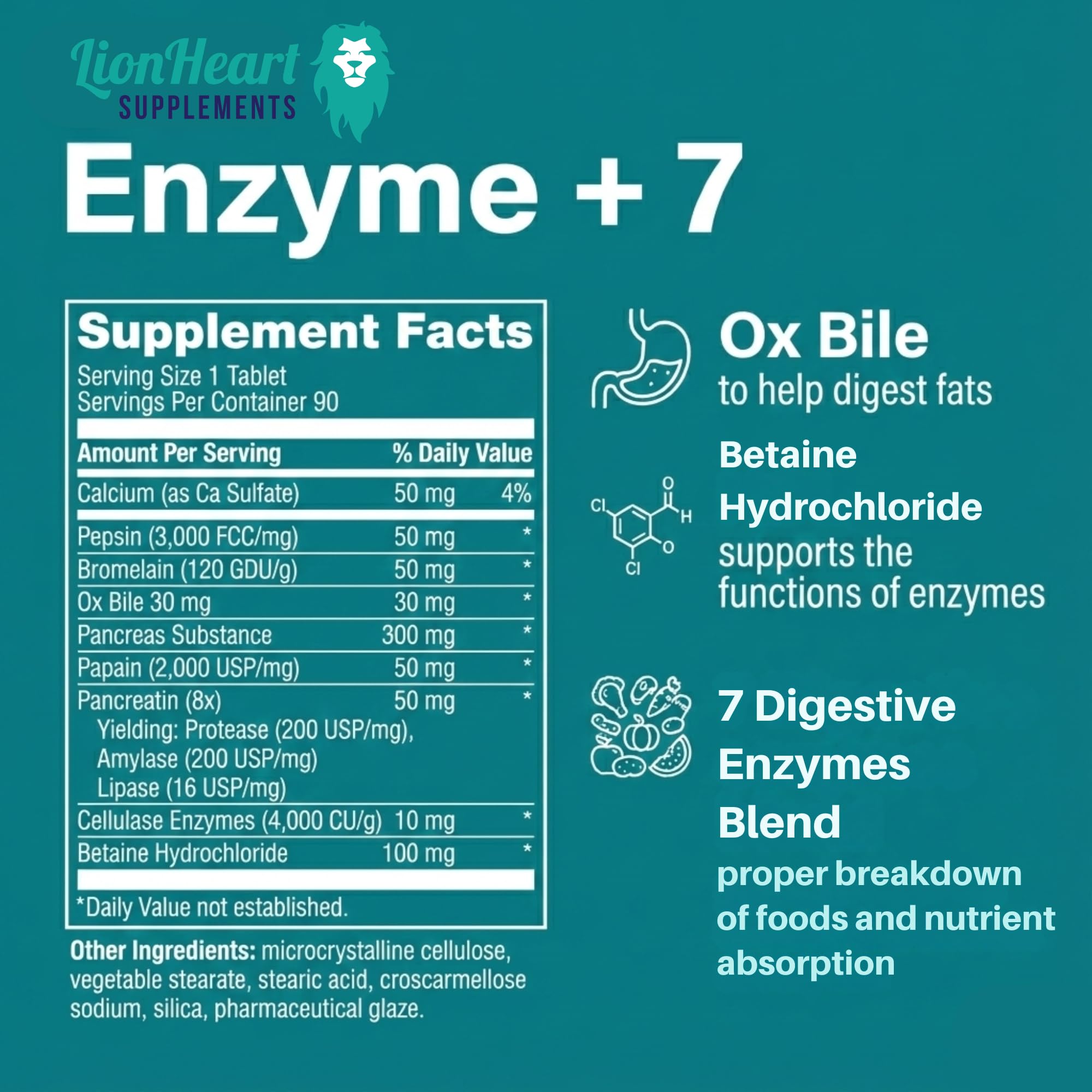 LionHeart Digestive Enzymes ox bile salts detail for fat digestion.