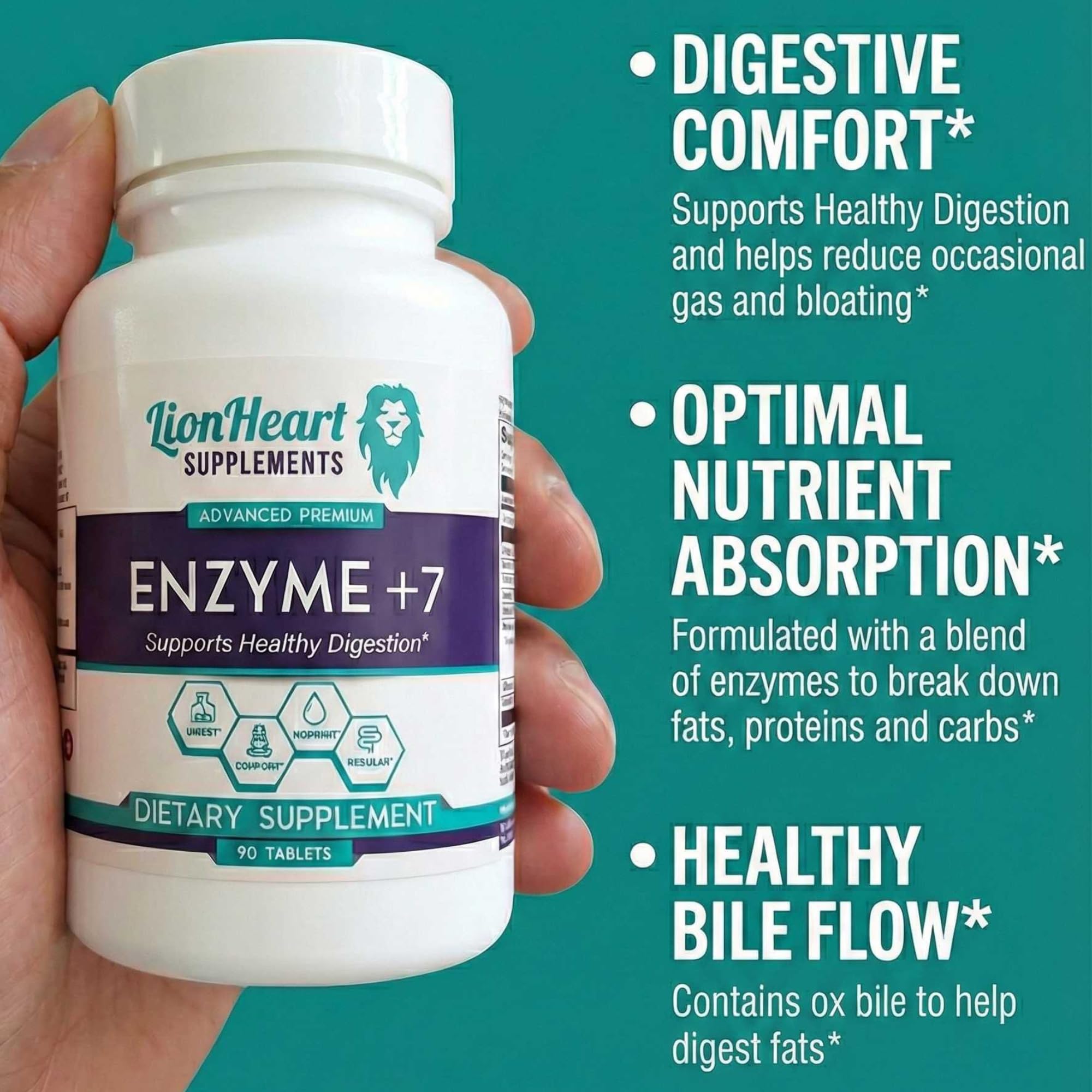 LionHeart Digestive Enzymes tablets in hand for meals.