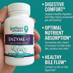 LionHeart Digestive Enzymes tablets in hand for meals.