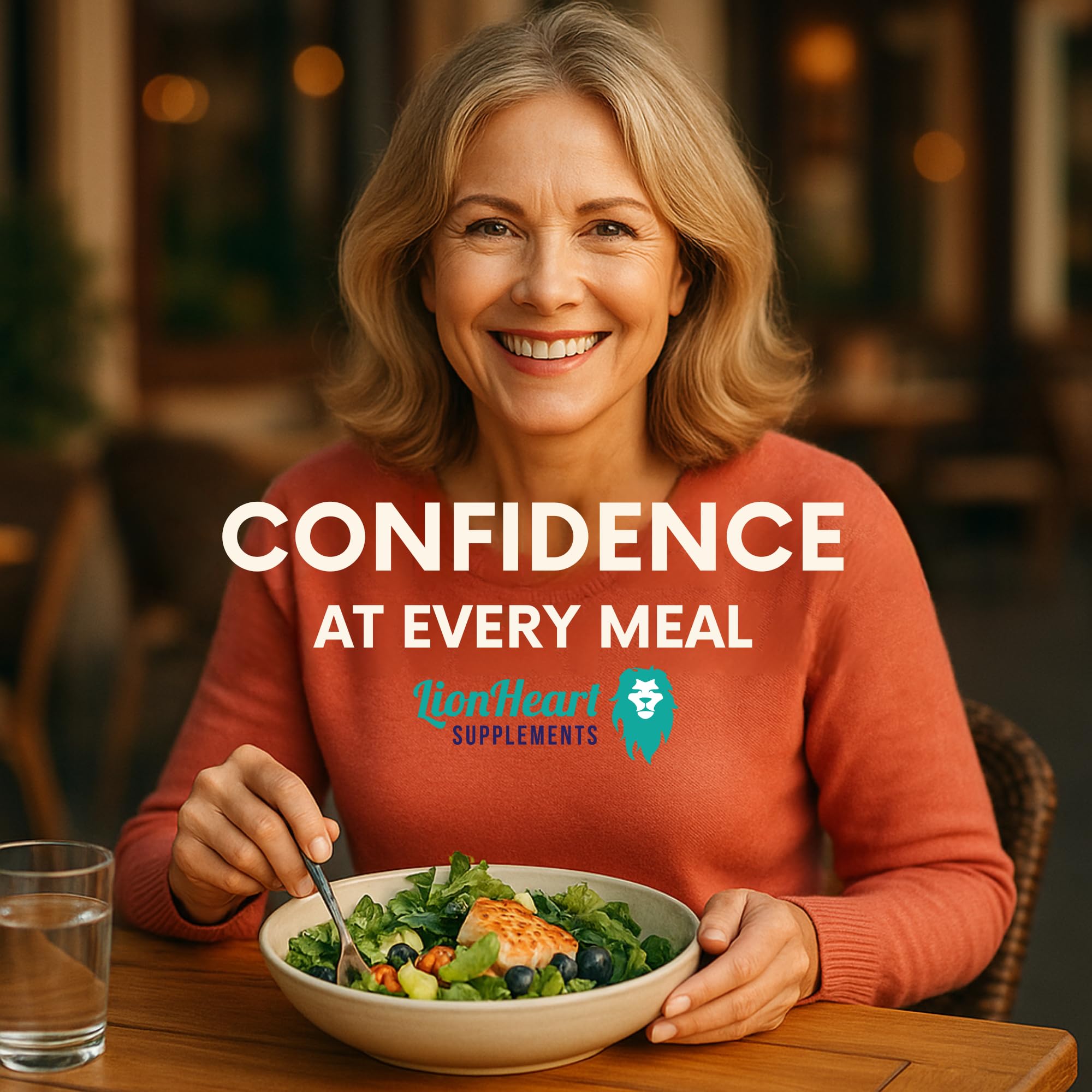 LionHeart Digestive Enzymes wellness scene demonstrating post-meal comfort.
