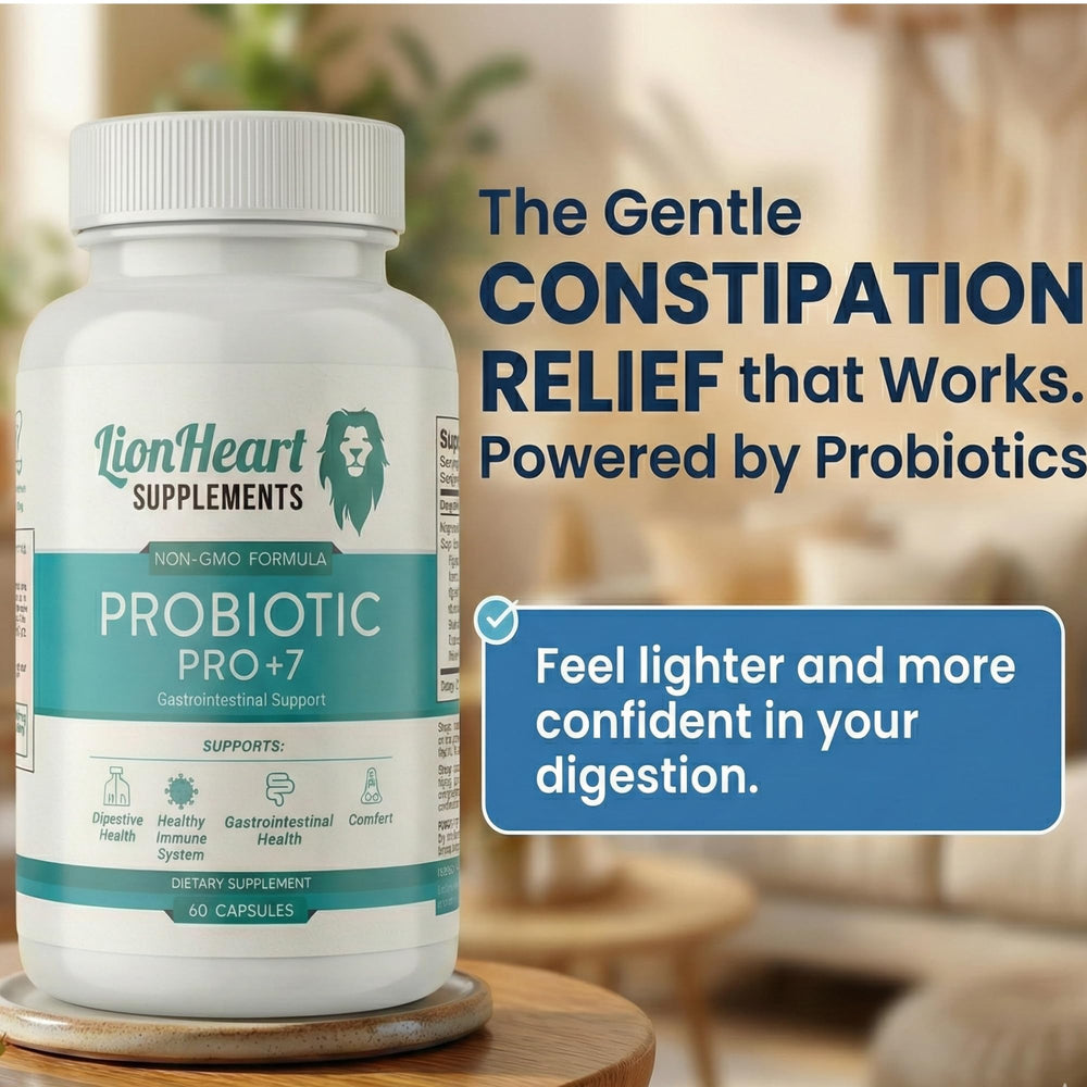 LionHeart Probiotic Pro Plus 7 capsules indicating digestive comfort after meals