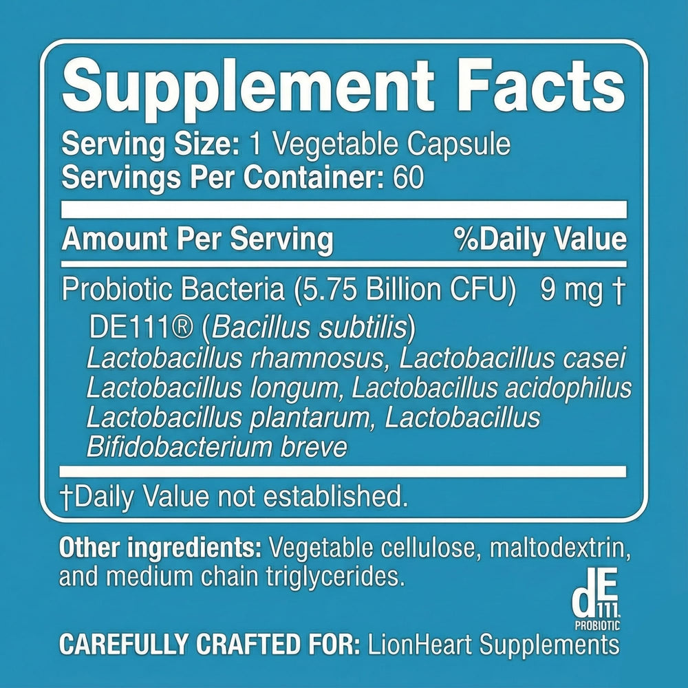 LionHeart Probiotic Pro Plus 7 label closeup with seven strains including DE111