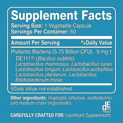 LionHeart Probiotic Pro Plus 7 label closeup with seven strains including DE111